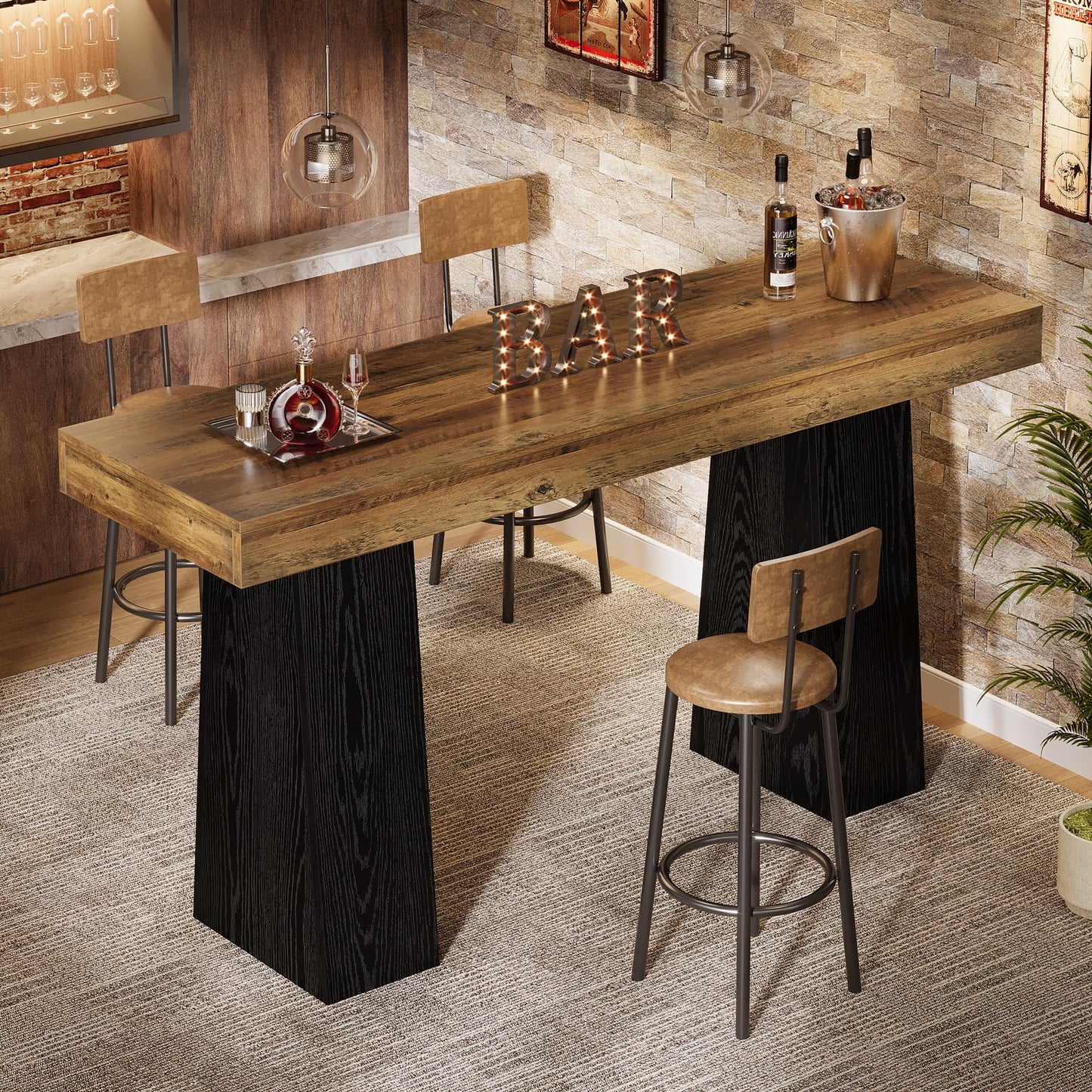 Tribesigns 63 Inch Wood Bar Table, Rustic Rectangular Bar Height Counter Table with Thickened Tabletop & Sturdy Base for Home, Basement, Event, Brown Black (1)