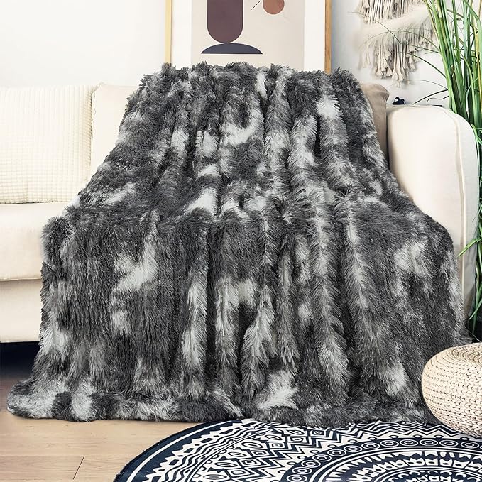 Tuddrom Decorative Extra Soft Faux Fur Blanket Queen Size 80"x90",Solid Reversible Fuzzy Fluffy Plush Fleece Comfy Microfiber Fur Blanket for Couch Sofa Bed,Tie Dye Grey