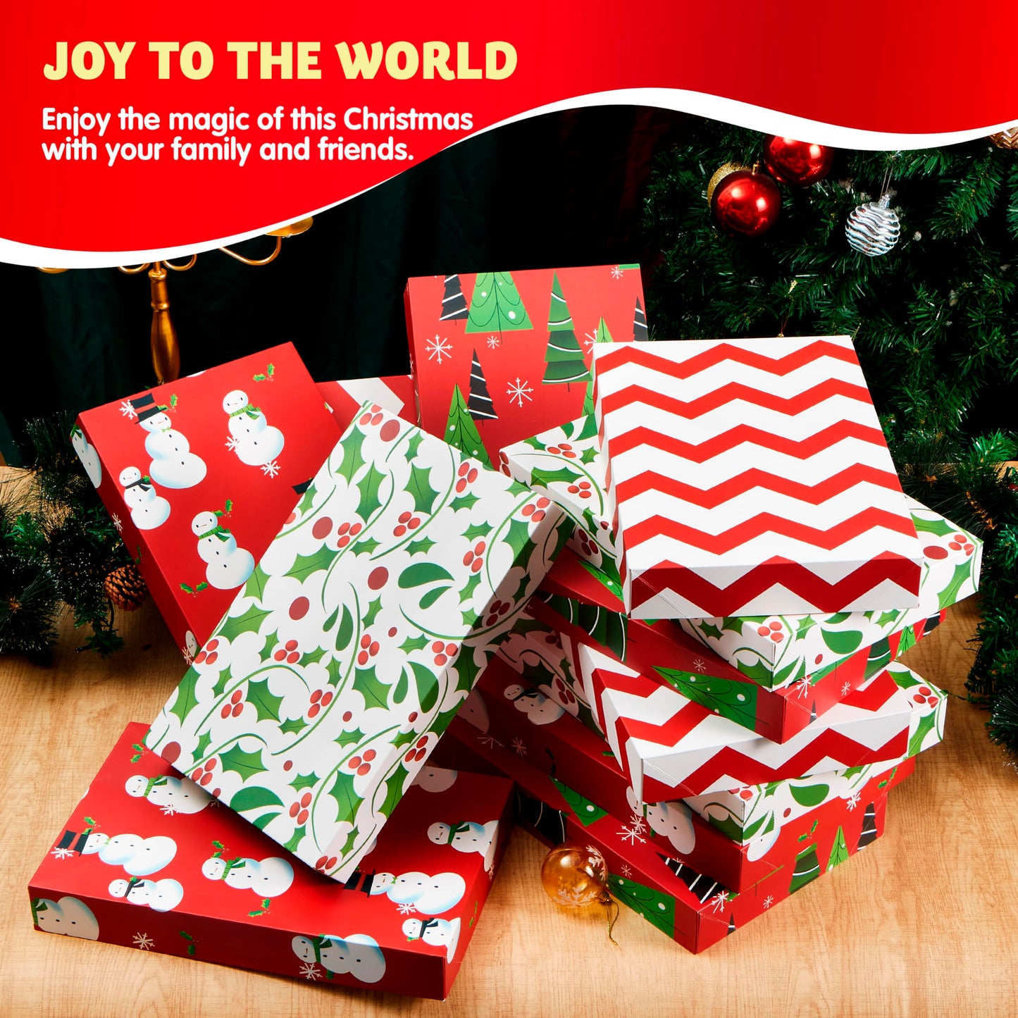 JOYIN 12 PCS Christmas Shirt Gift Boxes with Lids for Presents, Large Robe Cardboard Boxes, Xmas Bright Decorative Box for Clothes, Birthday Holiday Wedding Gift Wrapping Decor, Hat, Sweater and Coat