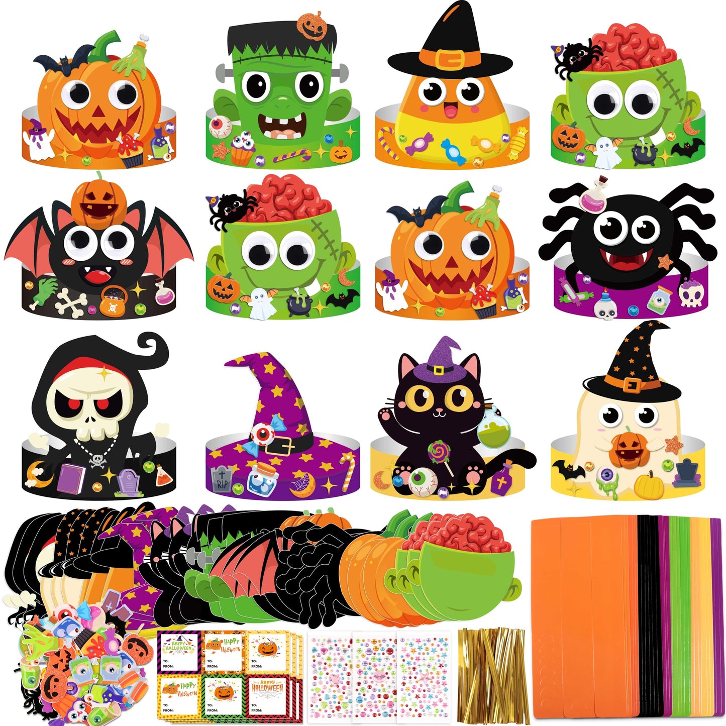 Eternity sky 30 Sets Halloween Crafts - DIY Headbands Paper Crown Hat Art Kit Set with Stickers for Party Favors