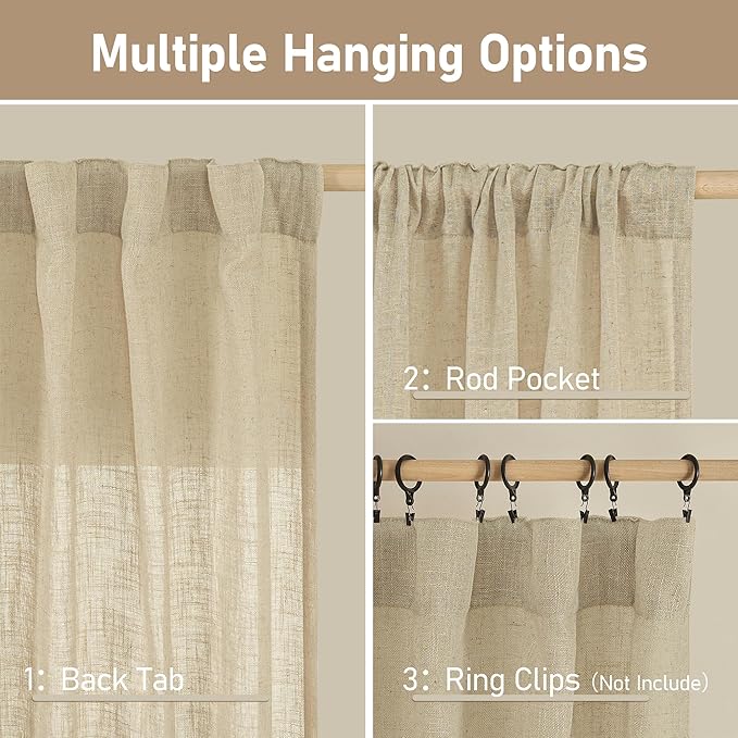 LAMIT Extra Wide Linen Curtains for Bedroom, Natural Light Filtering Faux Linen Textured Panels Semi Sheer Back Tab and Rod Pocket Boho Drapes for Living Room/Farmhouse, 2 Panels, Linen, 60 x 84 Inch