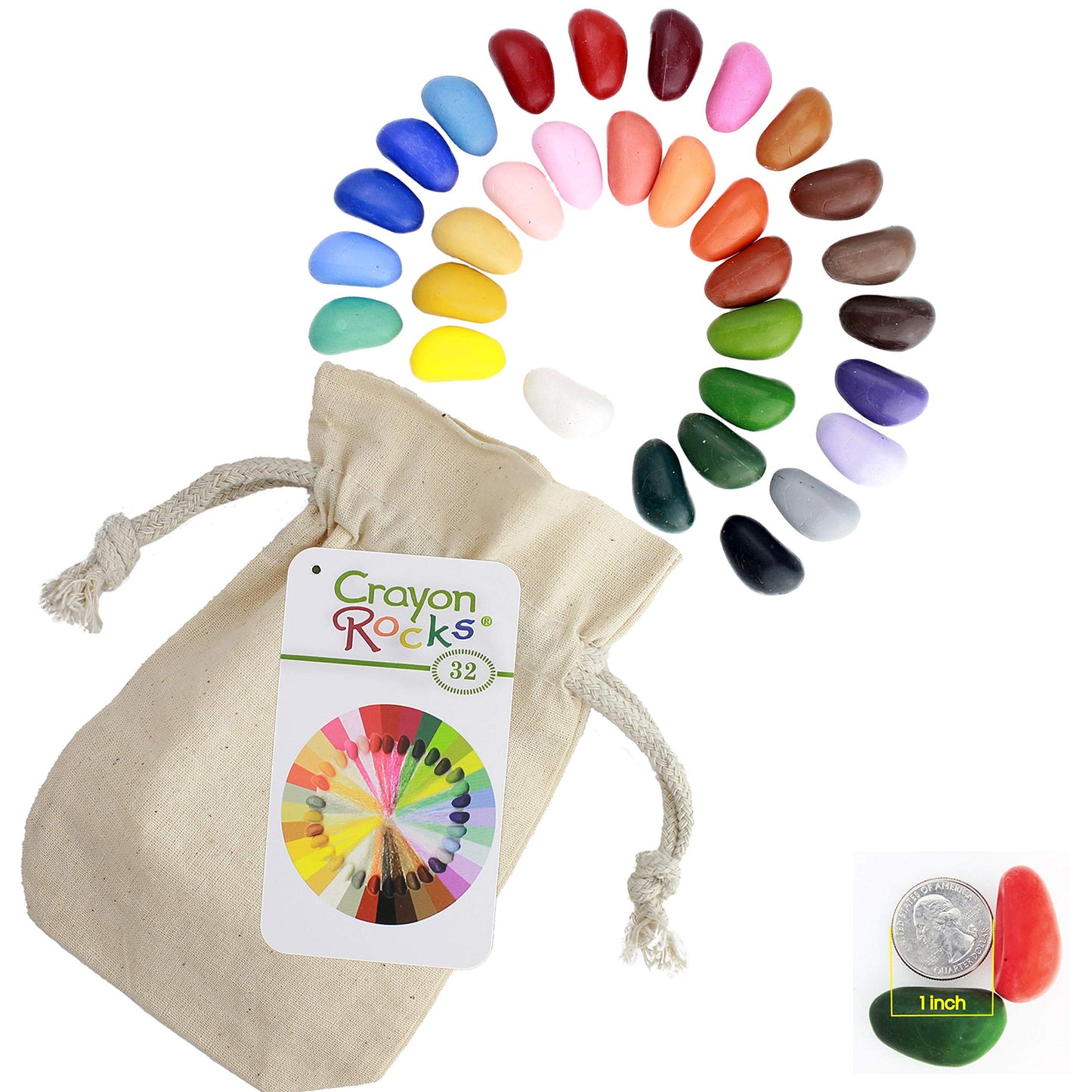 Crayon Rocks, Crayons in a Rock Shape, 32 Count, Tripod Grip Made for Handwriting Development in Kids and Toddlers, Fun & Educational, Creative Activity, Comes in a Muslin Bag - 32 Colors