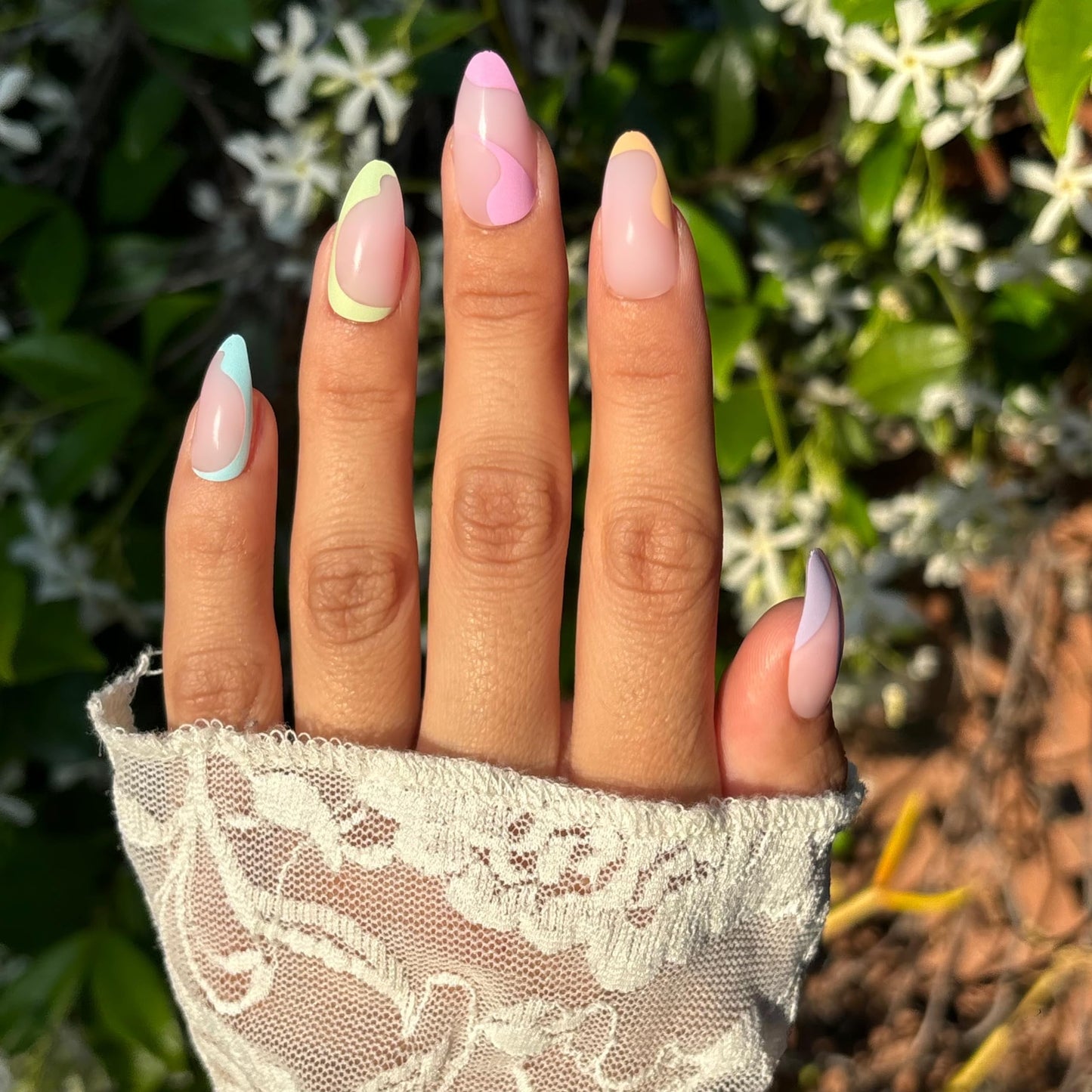 PASTEL DREAMS Press-On Nails by Lavaa Beauty | Medium Almond | Glossy Pastel Color Swirl on Nude Base