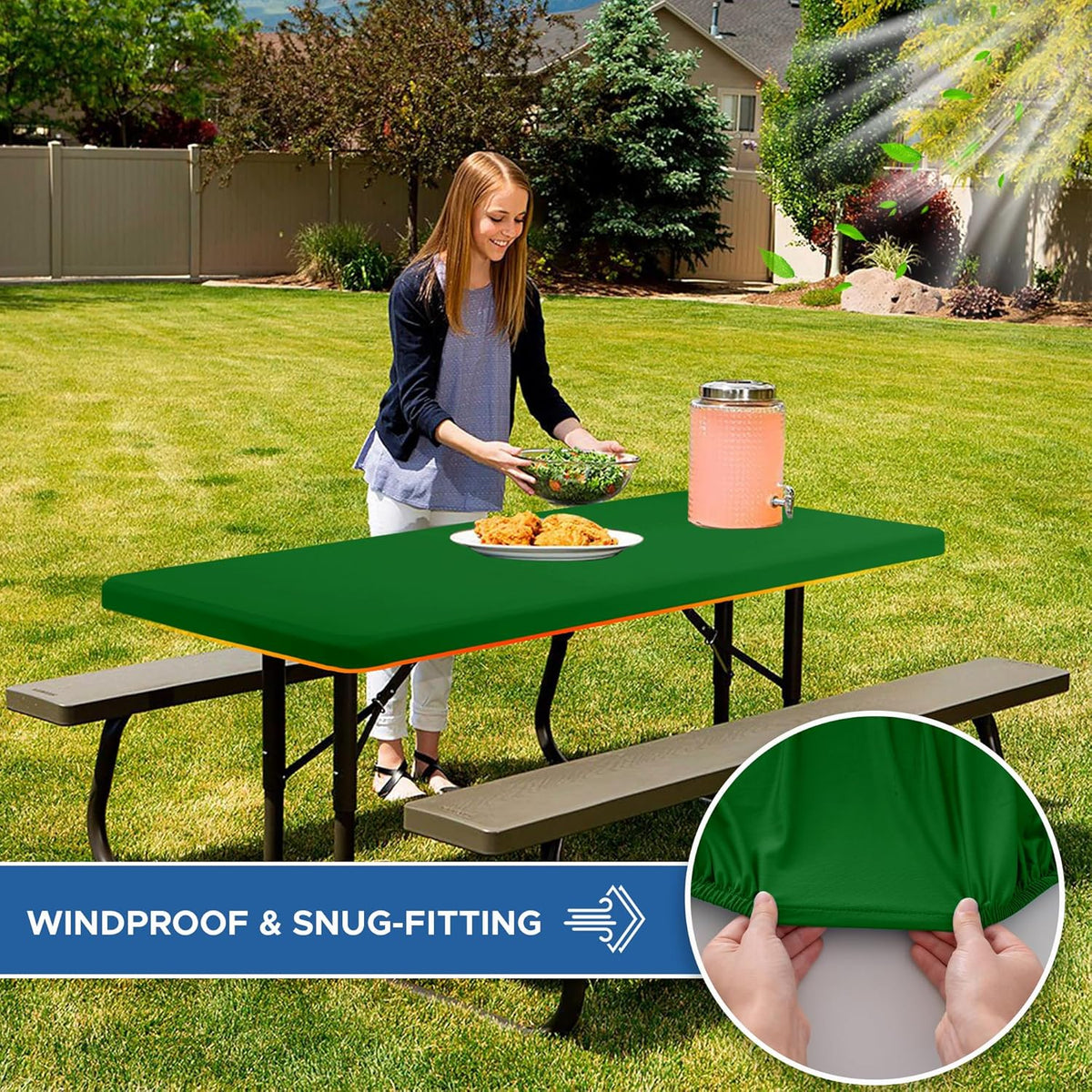 Fitted Tablecloth for 8 Foot Rectangle Tables-4 Pack Green Elastic Outdoor Picnic Table Cover-Spandex Stretch Folding Table Cloths 8ft for Camping Dining Room Patio Kitchen Banquet Party
