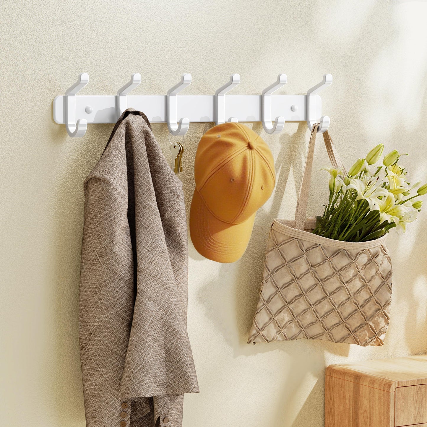 pickpiff Coat Rack Wall Mounted Heavy-Duty: Metal Coat Hanger 6 Hooks for Hanging Hat, Clothes, Robe, Keys, Backpack, Bathroom Towels, Jacket, Purse - Closet, Door, Entryway, Mudroom (White, 2 Pack)