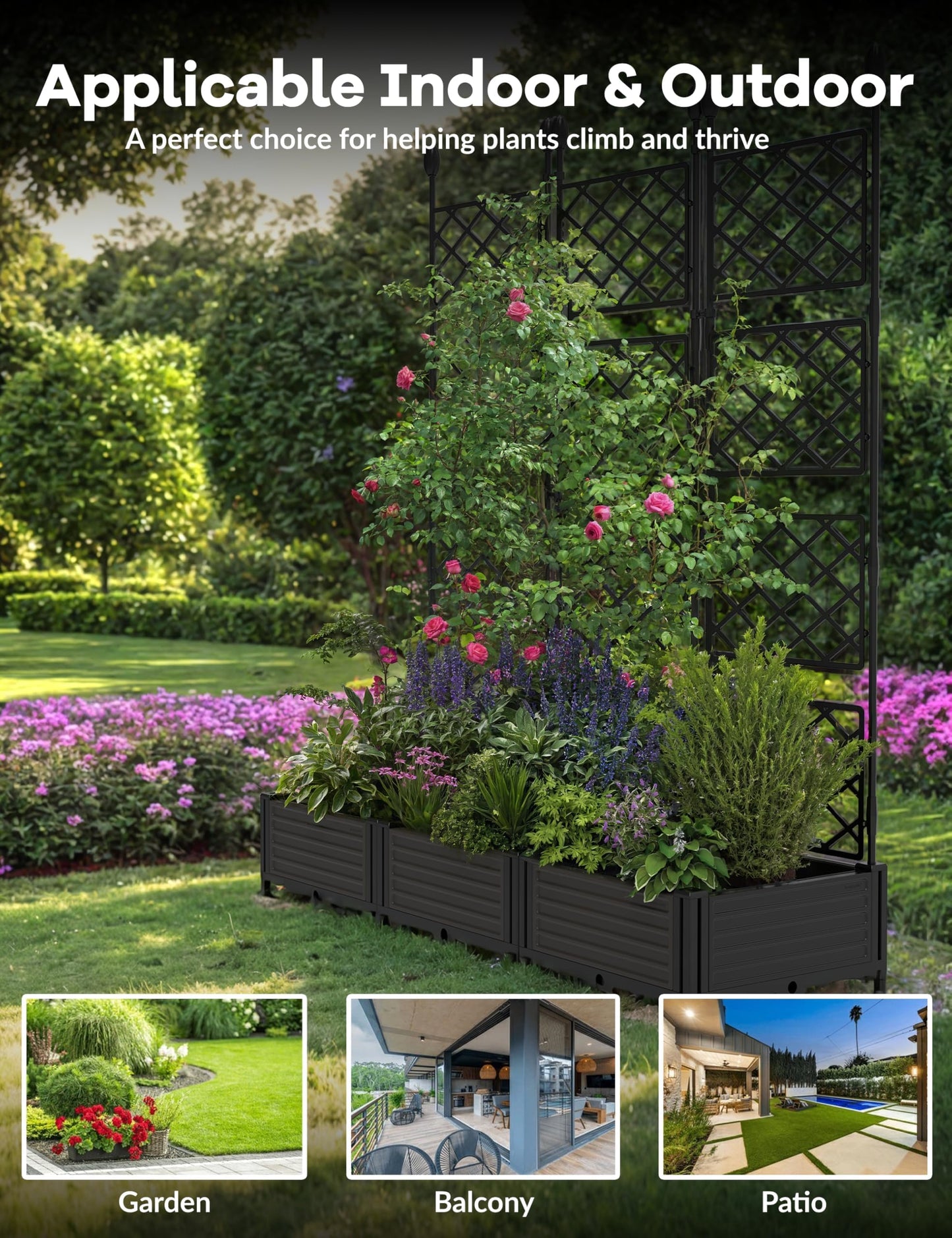 BouPower 4pcs Raised Garden Bed with Trellis & Privacy Screen, 63" h Tall Vertical Planter Box for Climbing Plants, Outdoor Garden Planter Box with Drainage Holes for Patio Balcony, Black