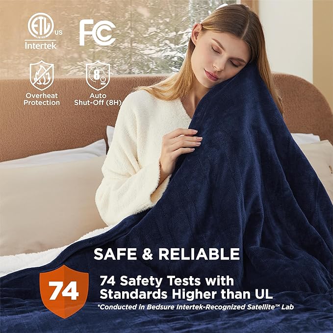 Bedsure Electric Blanket Queen Size - Dual Control Heated Blanket Queen, Fast Heating with 10 Time Settings & 10 Heat Settings, Warm Gift for Grandma (84x90 inches, Pageant Blue)