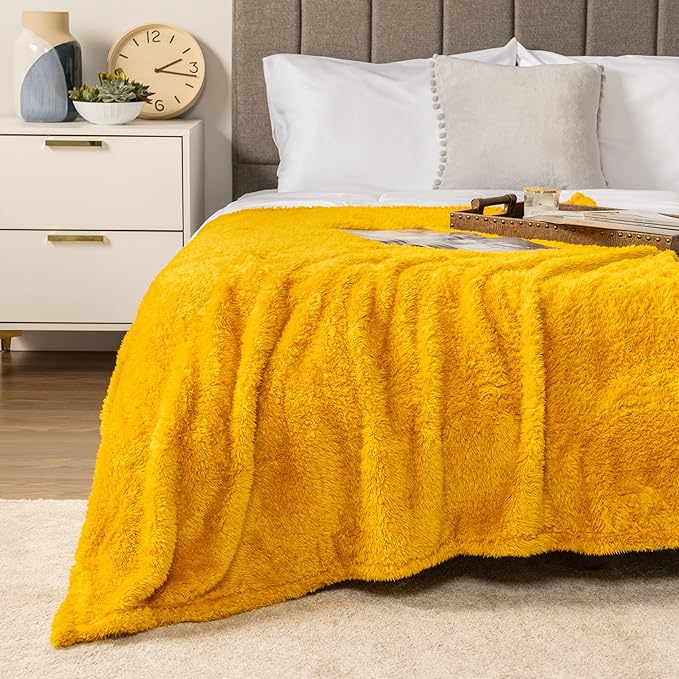 PAVILIA Sherpa Throw Blanket for Couch Sofa, Mustard Yellow Fluffy Warm Plush Blanket for Bed, Cozy Super Soft Lightweight Throw, Fuzzy Decorative Blanket, All Season Home, 50x60