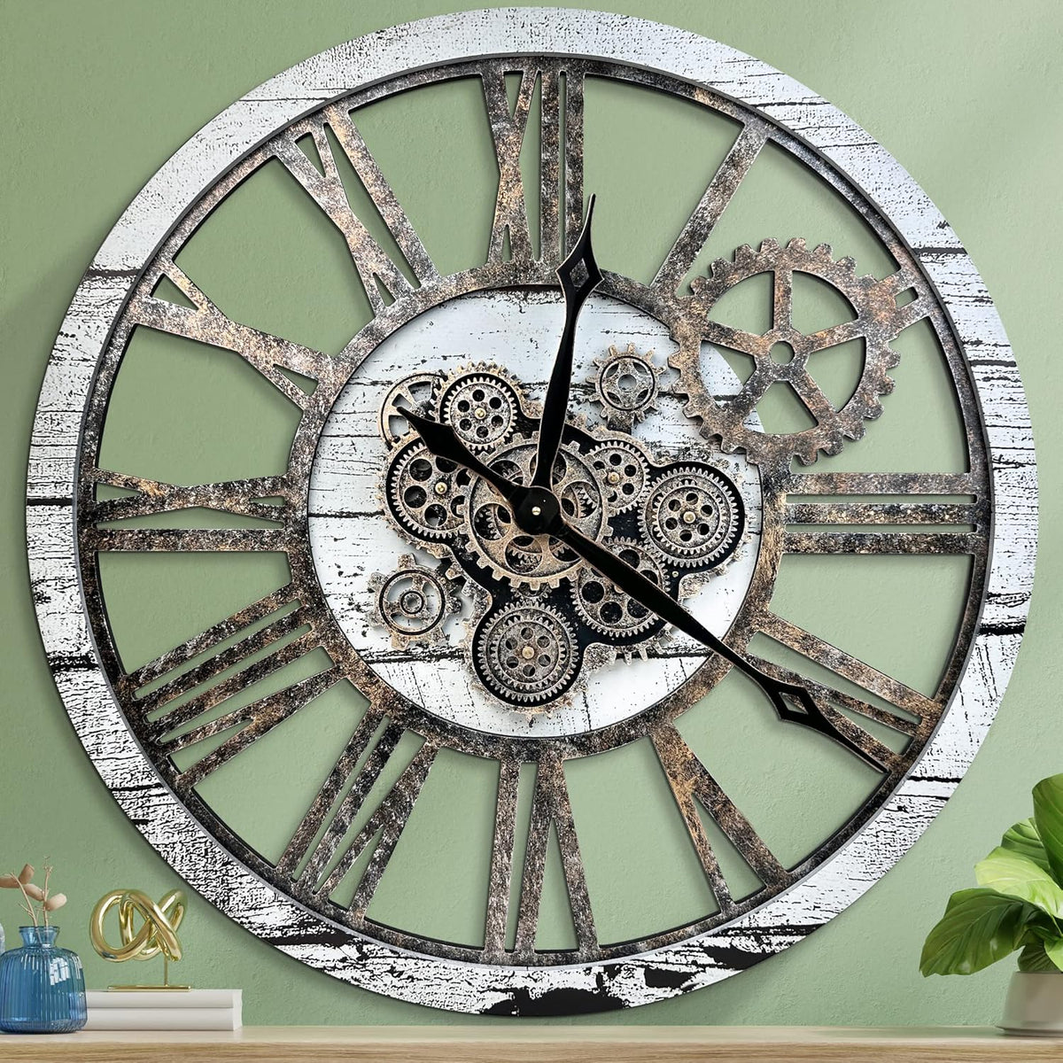 HOIBAI Large Wall Clock, Wall Clocks for Living Room Decor 36 Inch Farmhouse Vintage Rustic Kitchen Wall Decor Vintage Roman Oversized Wall Clock for Home Bedroom House, Moving Gears Clock