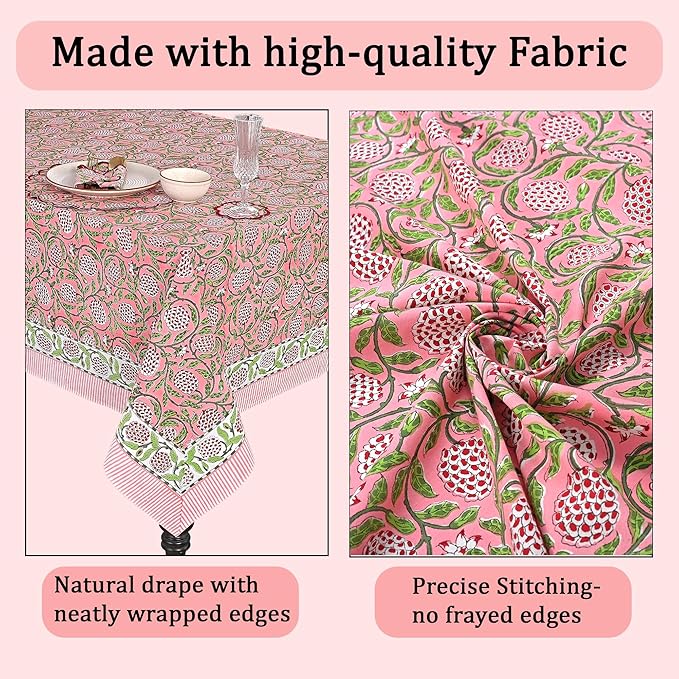 Ridhi Hand Block Print Strawberry Pink Rectangle Cotton Tablecloth 108" x 60" Reusable Table Cover Decorative Everyday Use for Dining, Farmhouse, Home Gift for Spring, Easter, Valentine
