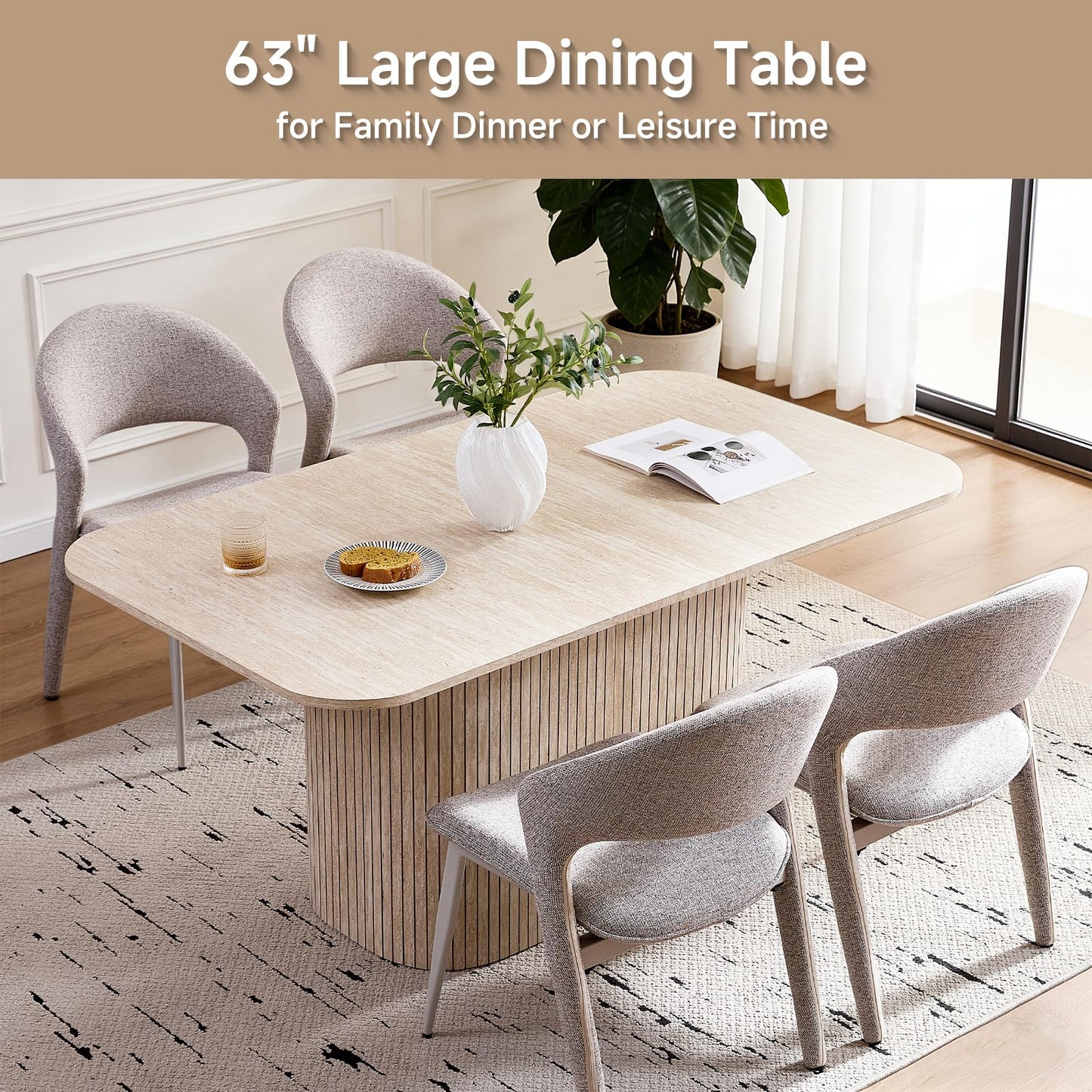 63" Inch Modern Oval Dining Table with Rounded Corners & Wood Strip Pedestal Base, Kitchen Table for Dining Room, Beige Stone Patterned(Table Only)