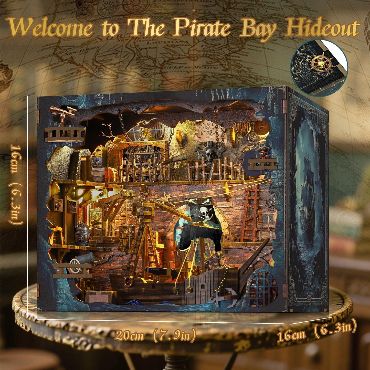 Pirate Book Nook Kit - DIY 3D Wooden Puzzle Miniature House with LED Lights - 400 Pieces - Creative Crafts for Adults - Bookshelf Insert Decor - Educational Gift for Family & Friends