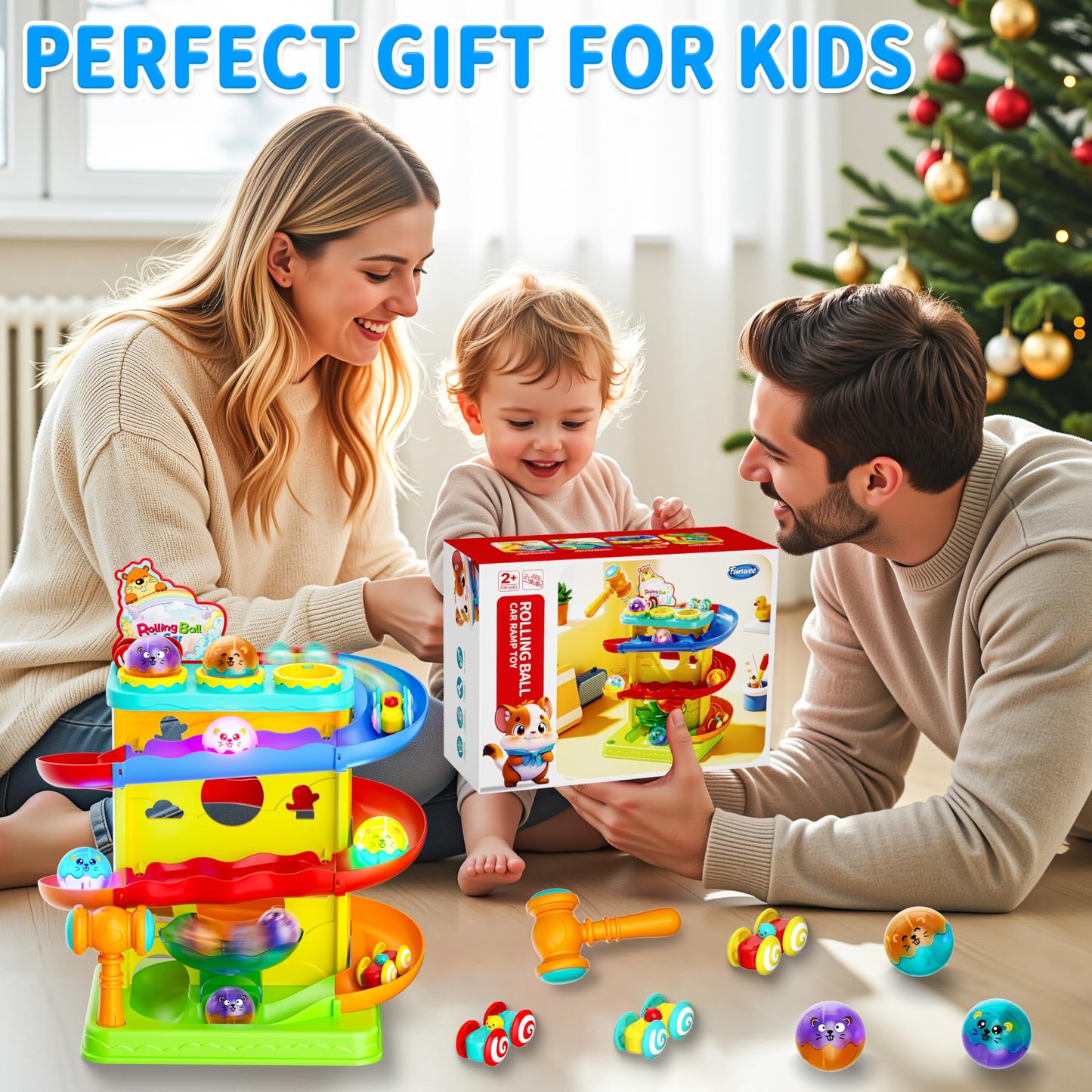Funwee 2-in-1 Rolling Ball & Racing Car Ramp Toy for Toddlers, Race Track Hammer Lights Ball Drop, Interactive Montessori Learning Game Birthday Gift Idea for Kids 1 2 3 4 5+Year Old Girl Boy(Yellow)
