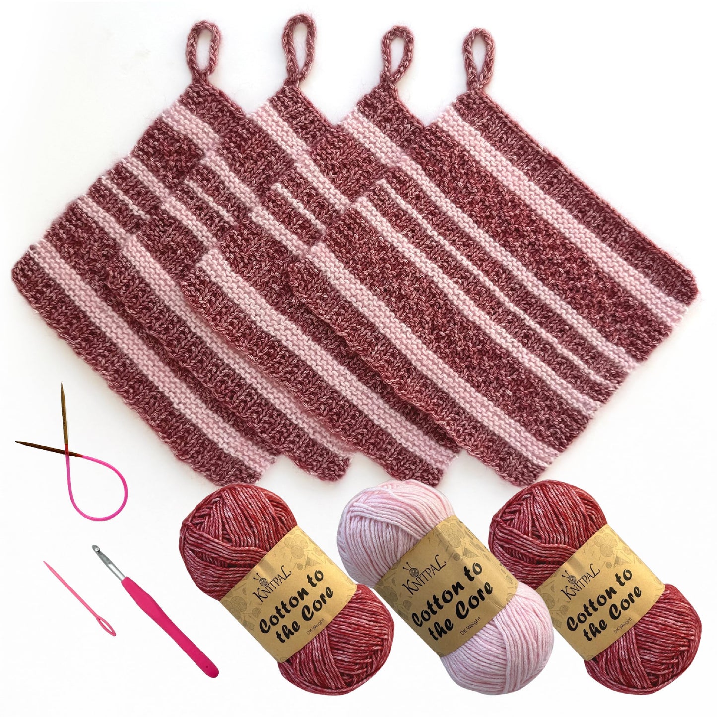 KnitPal Everyday Joy Knitting Kit – Make 4 Reusable Dishcloths for Confident Beginners – Cotton to The Core Yarn (#3 DK), Needles, Patterns & Video Tutorials (Cherry Red + Blush Pink)