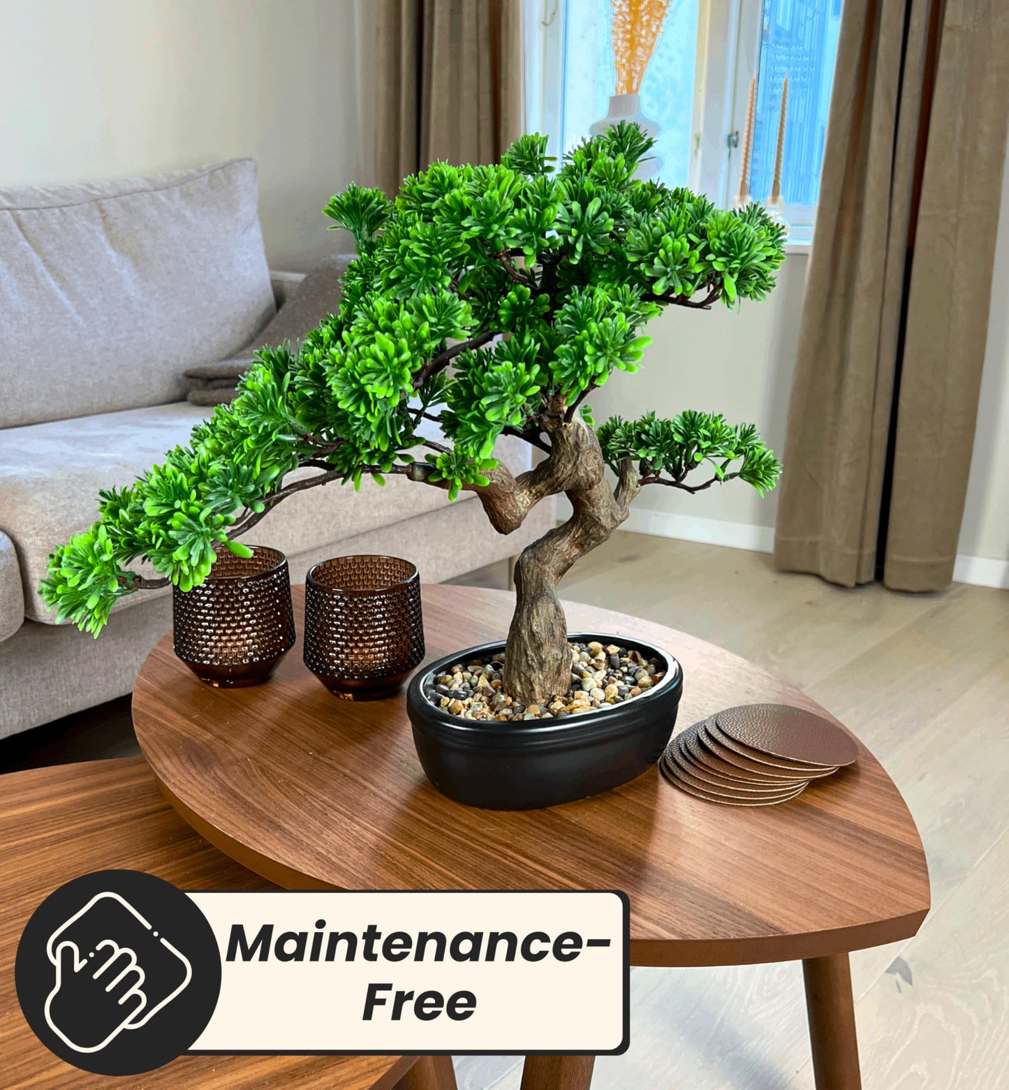 Artificial Bonsai Tree 16" Tall with Realistic Wood and Ceramic Pot, Fake Plants for Home, Bedroom and Office Desk, Japanese Decor