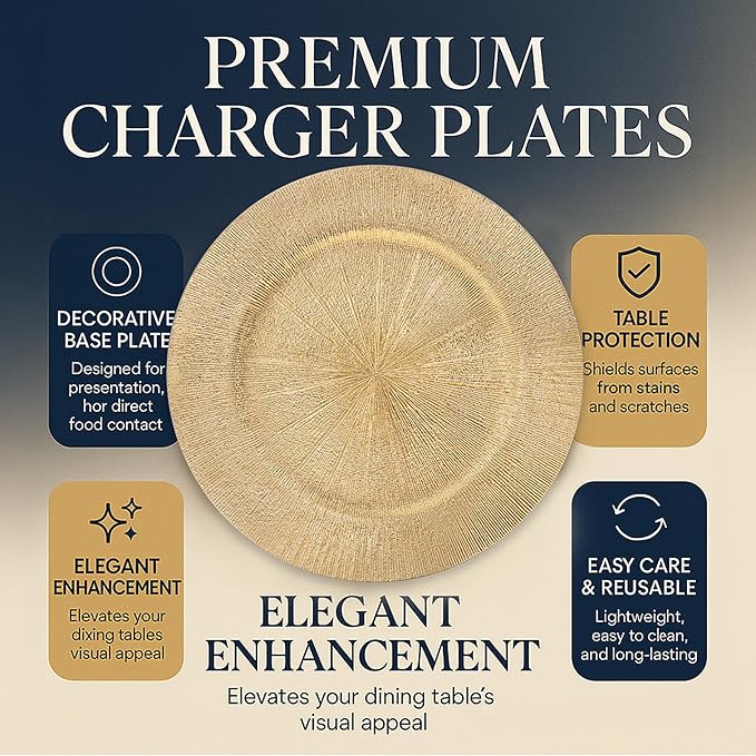 JEVERGN 40 Pack Gold Charger Plates Bulk, 13" Plating Linear Chargers for Dinner Plates, Gold Plate Chargers Set of 40, Round Plastic Charger for Wedding, Party Event, Dinner, Table Setting