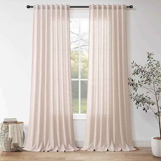 Nanspring Natural White Linen Curtains 102 Inches Long for Living Room Light Filtering Farmhouse Decor Curtains Back Tab Neutral Privacy Sheer Curtain for Bedroom Office 52x102, 2 Panels