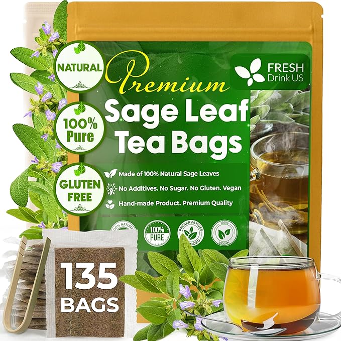 FreshDrinkUS, Premium 135 Sage Leaf Tea Bags, 100% Natural & Pure from Sage Leaves. Loose Leaf Herbal Tea. Made with Natural Material Tea Bags. No Sugar, No Caffeine, No Gluten, Vegan.
