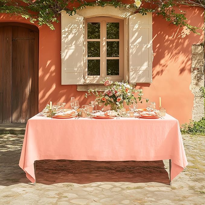 Linen World Linen Tablecloth,100% French Natural Flax Tablecloth 108" x 60" Inch,Washable Rectangular Table Cloth for Dining,Outdoor,Weddings and Restaurants,Decorative Christmas,Peach Pink