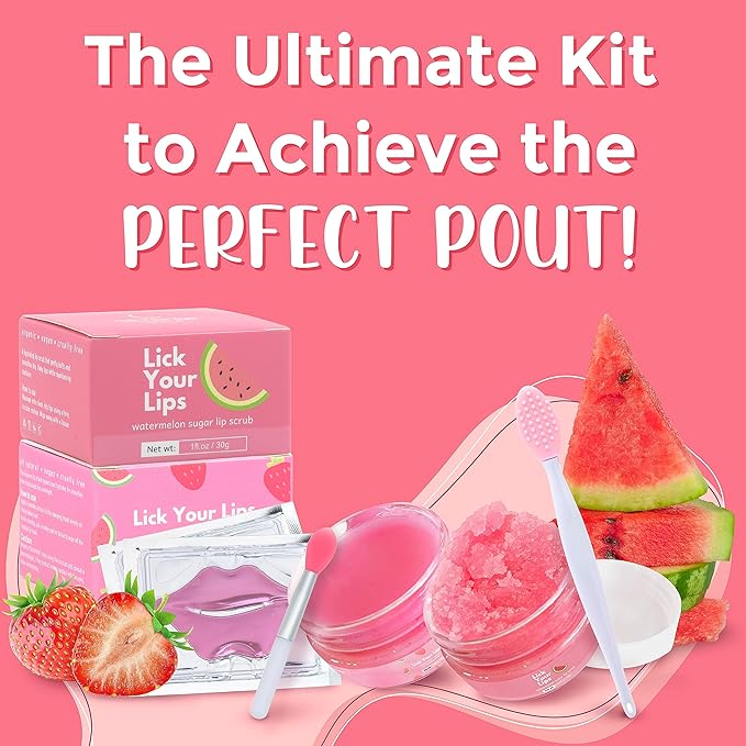 Watermelon Sugar Lip Scrub for Dry, 6-in-1 Lip Care Kit With Lip Sleeping Mask and Silicone Brush, Sugar Scrub, Sheet Mask to Reveal Luscious