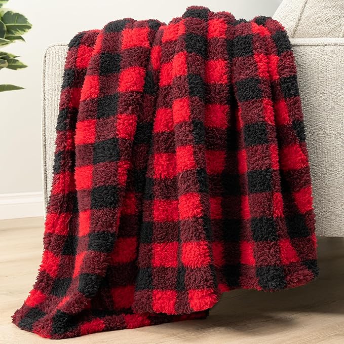PAVILIA Sherpa Throw Blanket for Couch Sofa, Black Red Checkered Fluffy Warm Plush Blanket for Bed, Cozy Super Soft Lightweight Throw, Fuzzy Decorative Blanket, All Season Home, 50x60