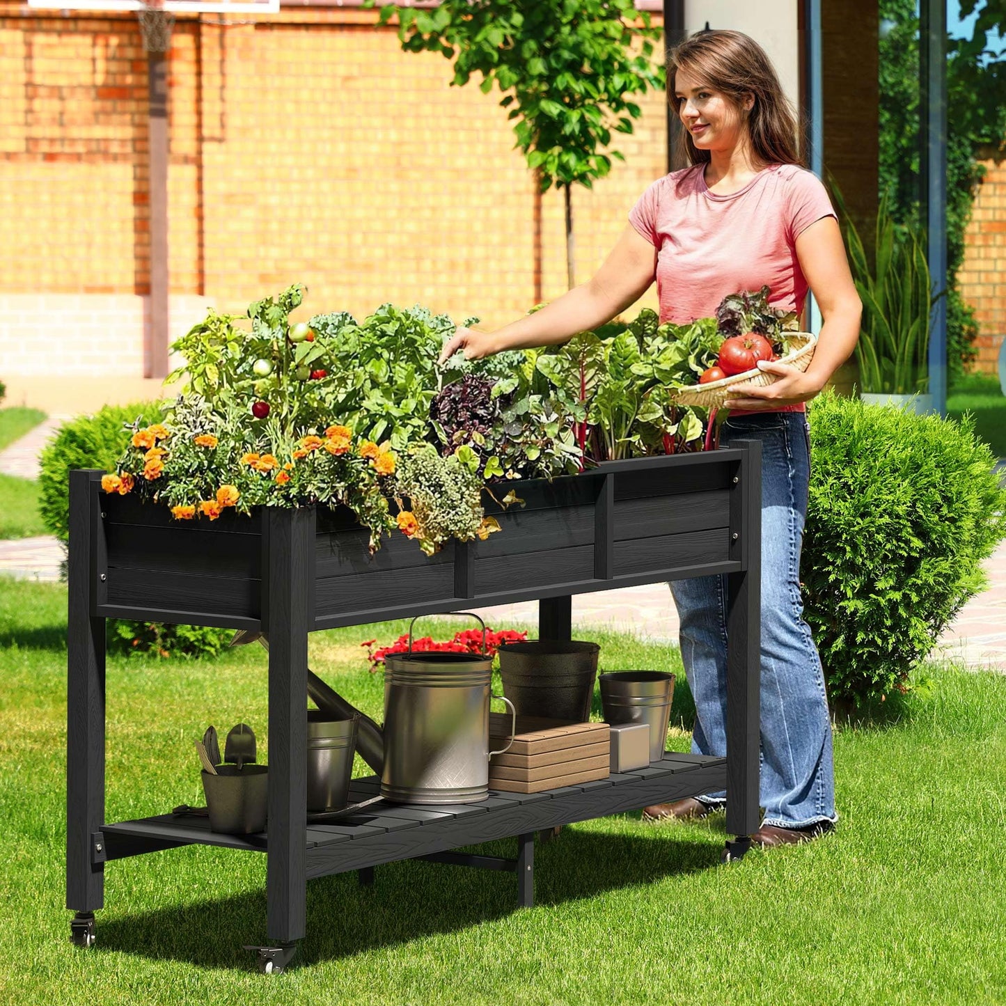 DWVO 47x18x31in Raised Garden Bed Outdoor HDPE with Legs and Lockable Wheels, Weather-Resistant Poly-Wood Elevated Planter Box, Double Tier Planters for Backyard Patio Balcony, Black