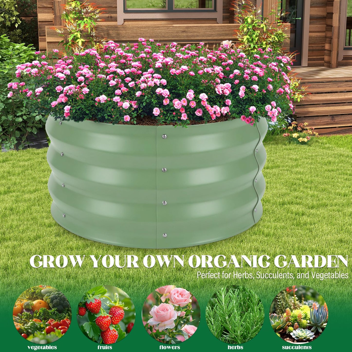 Cycayit Round Metal Raised Garden Bed 2 Pack with Fabric Liners, 2 ft × 2 ft × 1 ft, Outdoor Planters for Backyard, Patio & Garden (sage Green)