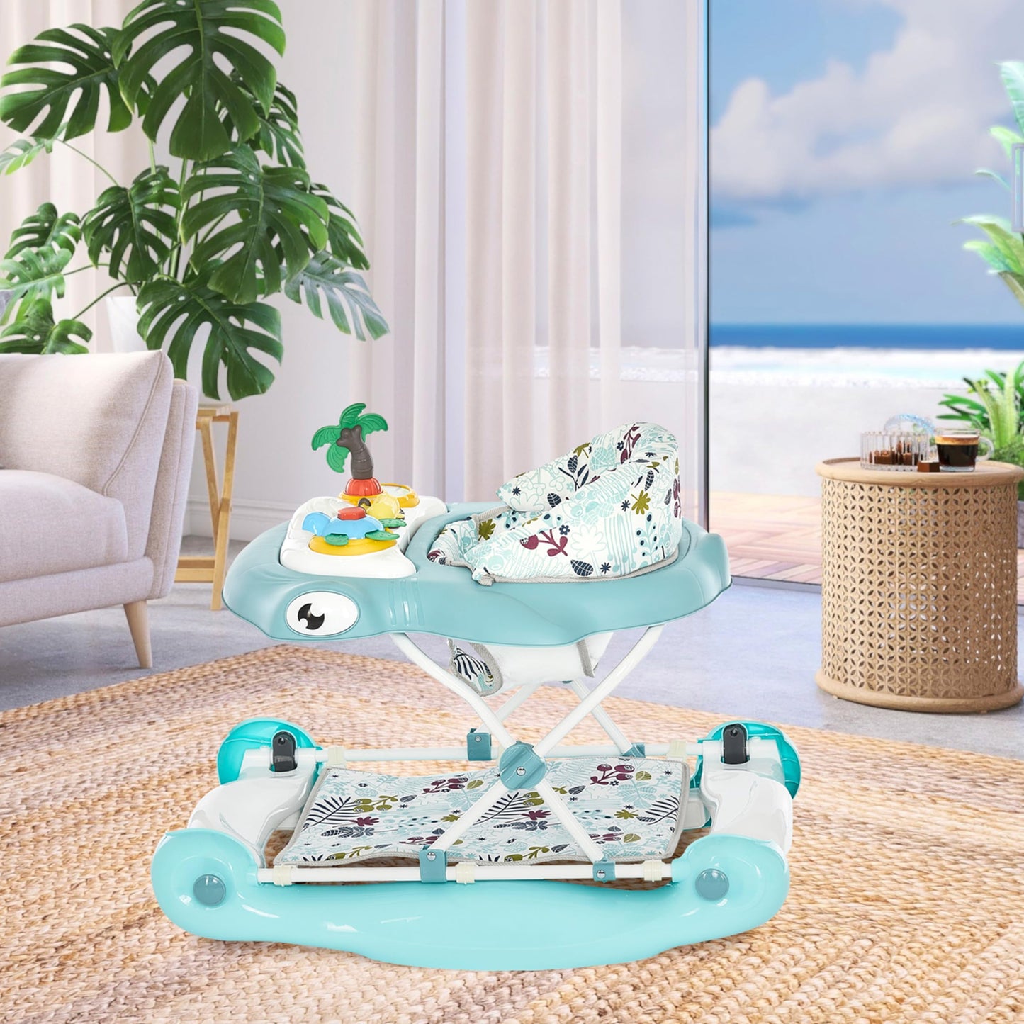 Dream On Me Aloha Baby Walker, 2-in-1 Foldable Infant Activity Walker with Adjustable Height, Musical Toy Tray, Padded Seat & Removable Foot Mat, Compact Folding Design for Babies 6–36 Months - Blue