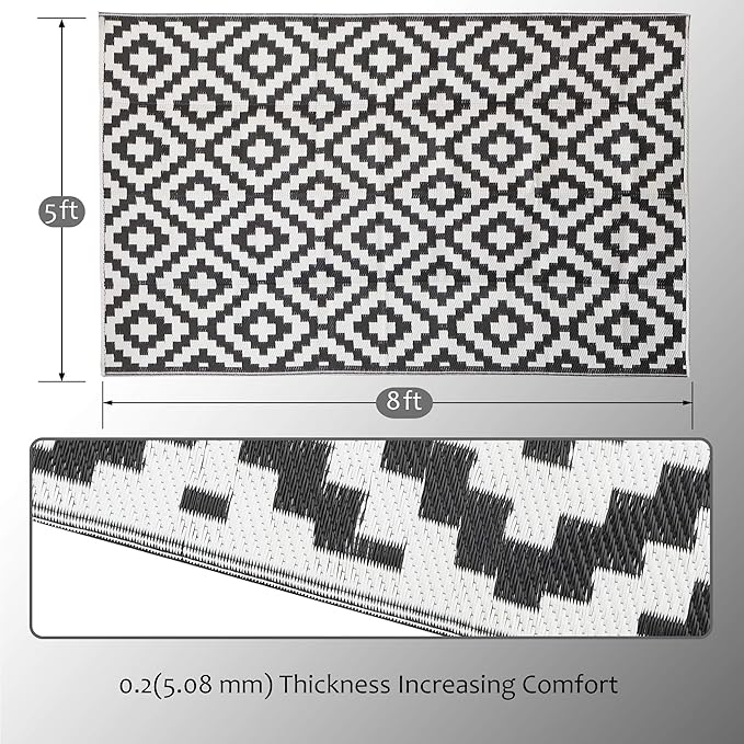 SAND MINE Waterproof Outdoor Rug 5x8 ft, Plastic Reversible Rug, Modern Area Rug, Large Floor Mat for Outdoors, RV, Patio, Backyard, Deck, Picnic, Beach, Camping (5' x 8', Black & White Lattice)