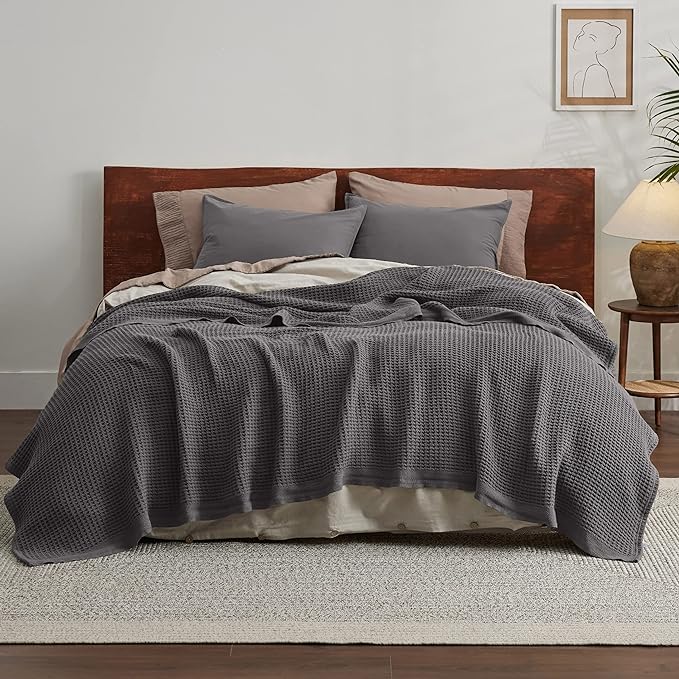 Bedsure 100% Cotton Blanket King Size for Bed - Breathable and Soft, Waffle Weave Blanket for Summer Spring, Dark Grey, 104x90 inches