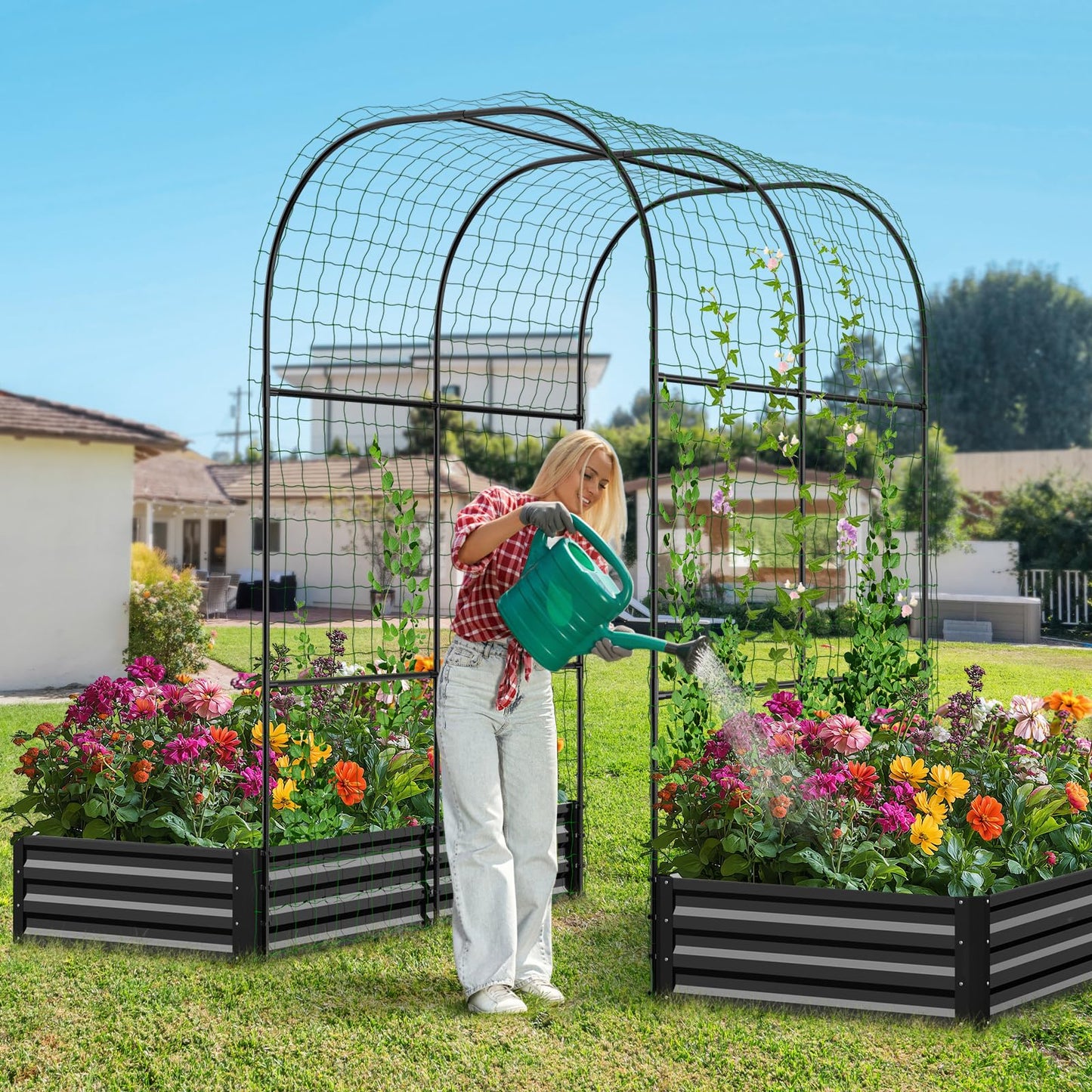 DoCred Galvanized Raised Garden Bed with 87" H Arch Trellis for Climbing Plants, Raised Outdoor Planter Garden Box with Climbing Netting for Gardening, Climbing Vegetables, Flower, Black