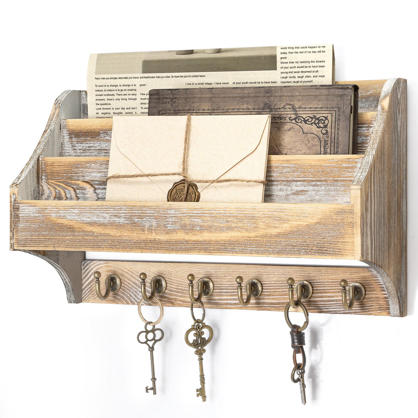 Rebee Vision Pine Wood Rustic Key Holder Wall Mount - Farmhouse 3-Tire Mail Holder with 6 Key Hooks - Multifunctional Wall Organizer for Haning Office Papaer (Natural)