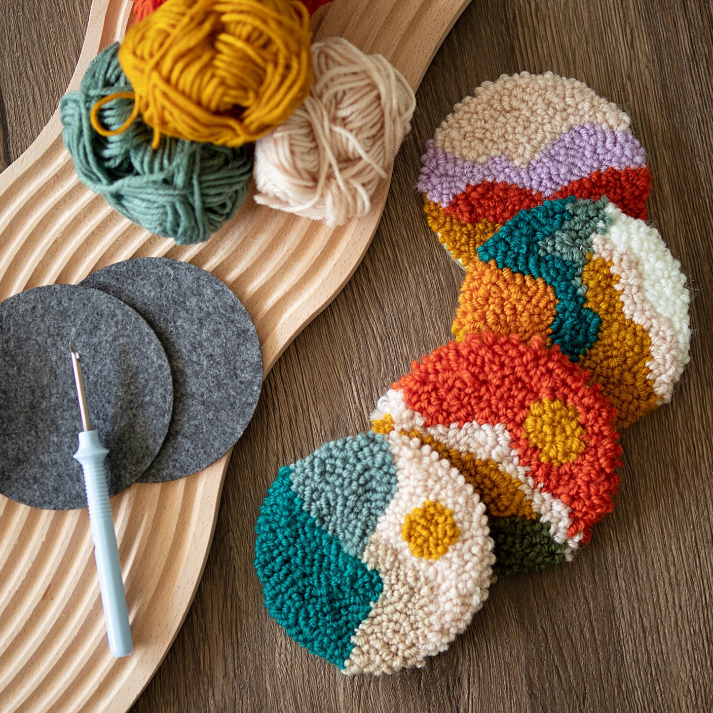 Temlum Punch Needle Coasters Kit, Punch Needle Embroidery Kits for Adults and Beginners - Including Patterns, Tools, Yarns, Hoop, Instruction, Coaster Holder Art Craft Supplies - Landscape