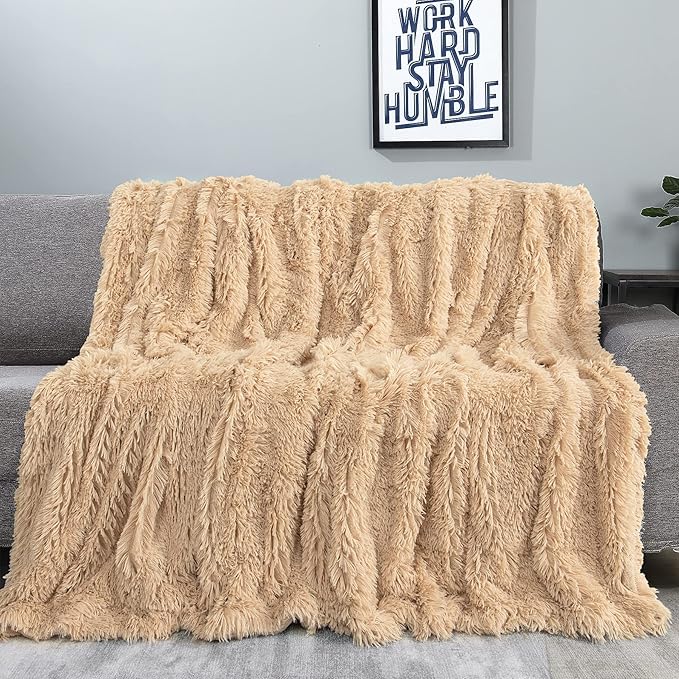 Tuddrom Decorative Extra Soft Faux Fur Blanket Twin Size 70" x 78",Solid Reversible Fuzzy Fluffy Cozy Plush Fleece Comfy Microfiber Blanket for Couch Sofa Bed,Apricot