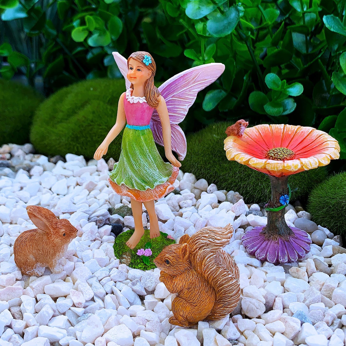 Mood Lab Fairy Garden Figurines with Flower - Miniature Decor Set (4 pcs) - Statues & Accessories - Outdoor Indoor Garden Decor