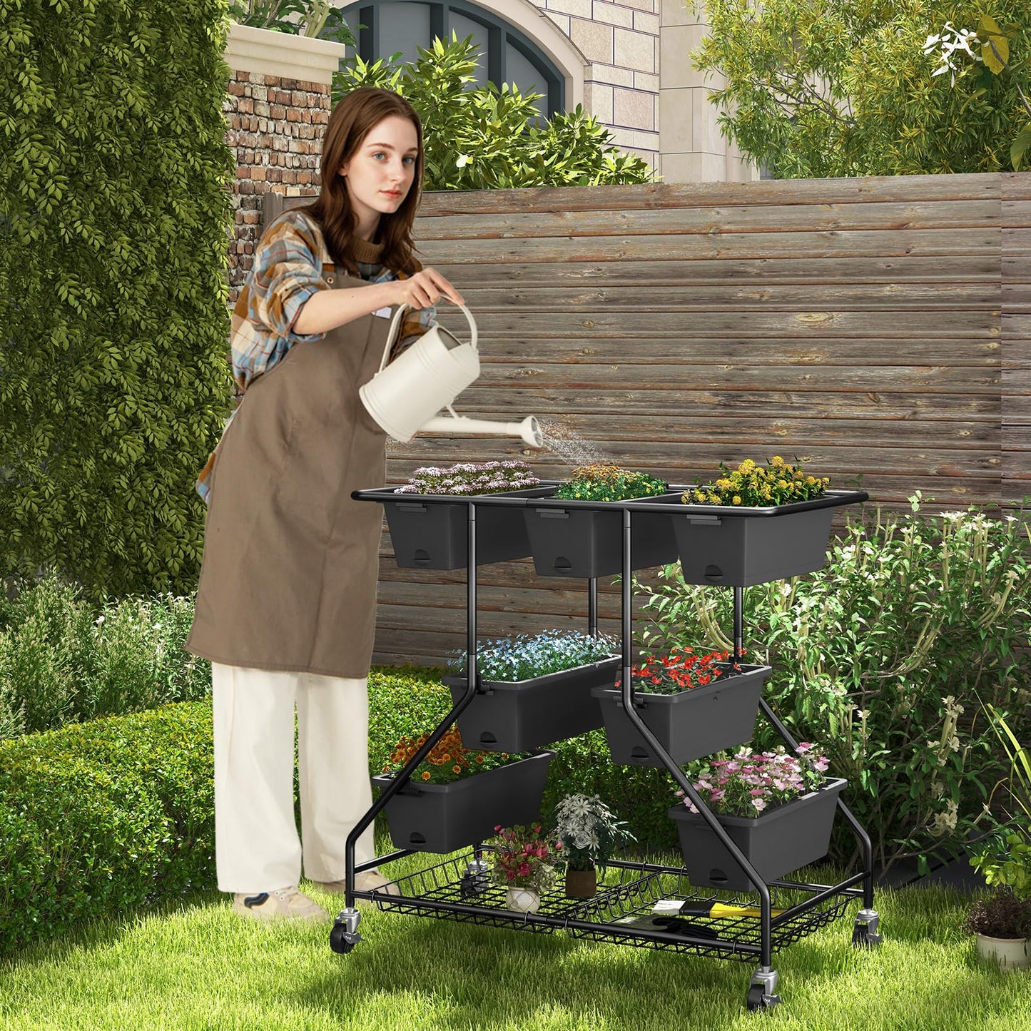 Giantex Rolling Raised Garden Bed w/ 7 Planter Boxes, Storage Baskets, Drainage Holes, 4 Lockable Casters, 3-Tier Freestanding Elevated Planter for Strawberry Vegetable Flower Herb