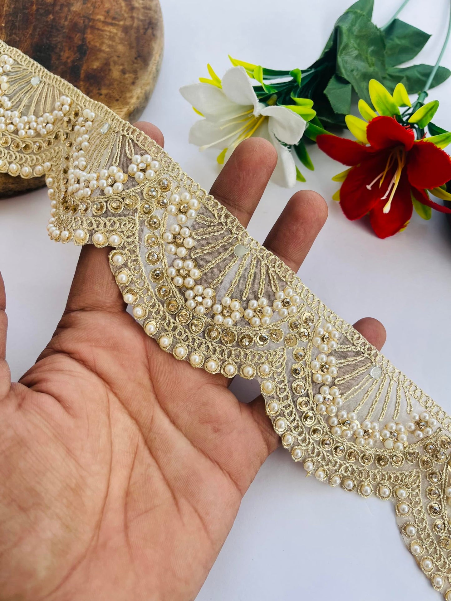 Soft Gold Scallop Lace Trim with Pearl and Rhinestone Embellishment, 2.25 Inch Wide, Available in 1, 3 and 6 Yard (1)