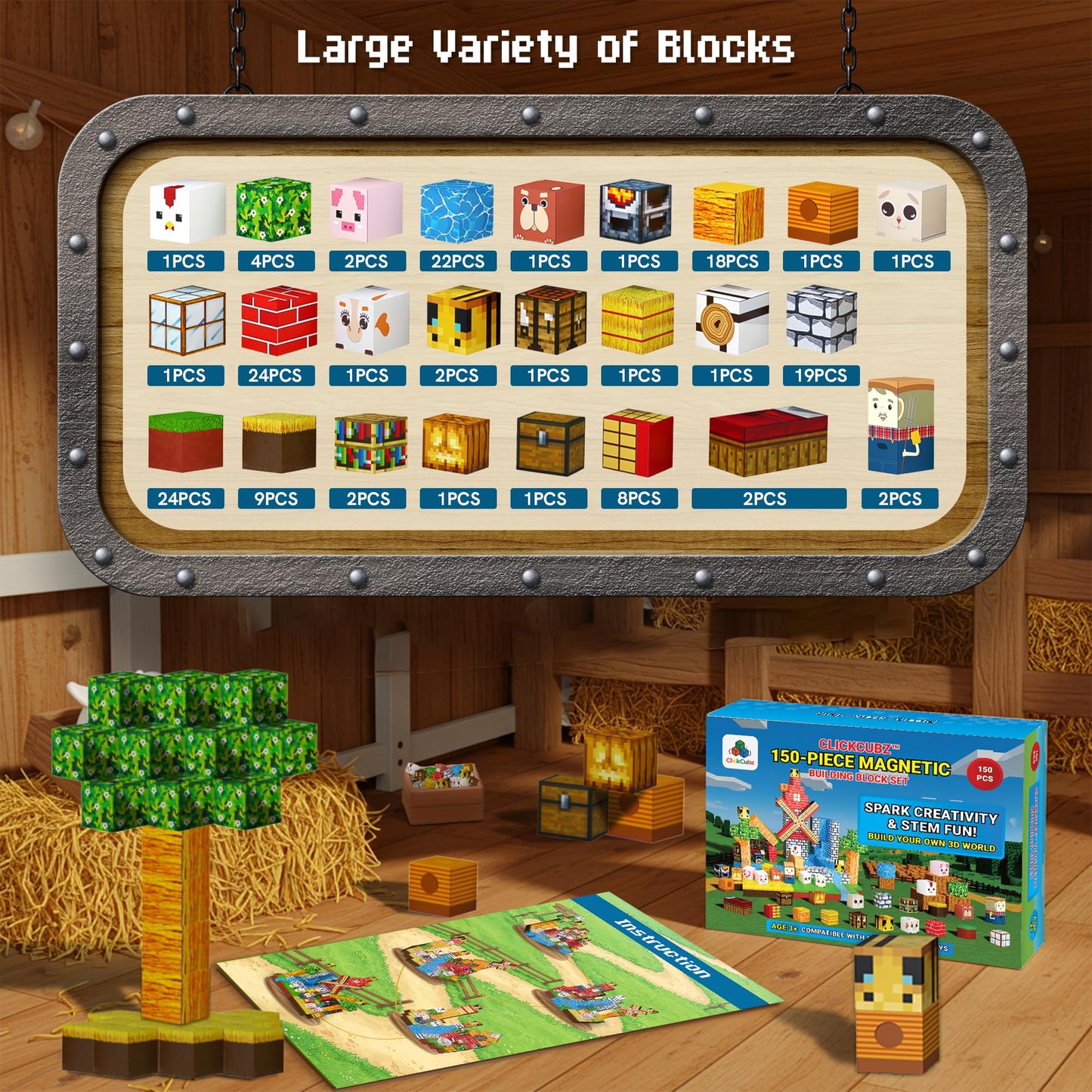 ClickCubz Farm-Themed Magnetic Blocks – 150PCS STEM Toy Gift for Kids Age 3+ w/Storage Box, BPA-Free, Stackable Strong Magnets