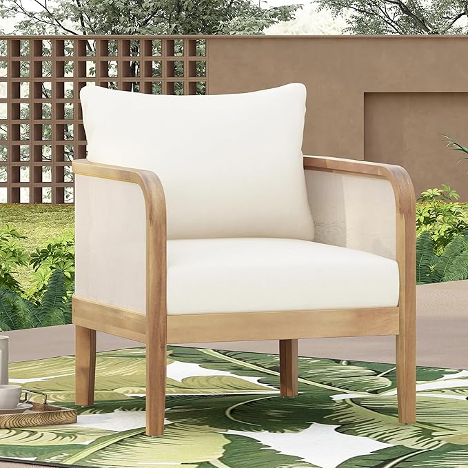 Christopher Knight Home Linksy Outdoor Club Chair, Patio Arm Chair, Modern Single Sofa Chair, Acacia Wood Frame, Club Chair with Cushions, Deep Seating for Porch, Garden, Backyard, Balcony, Beige