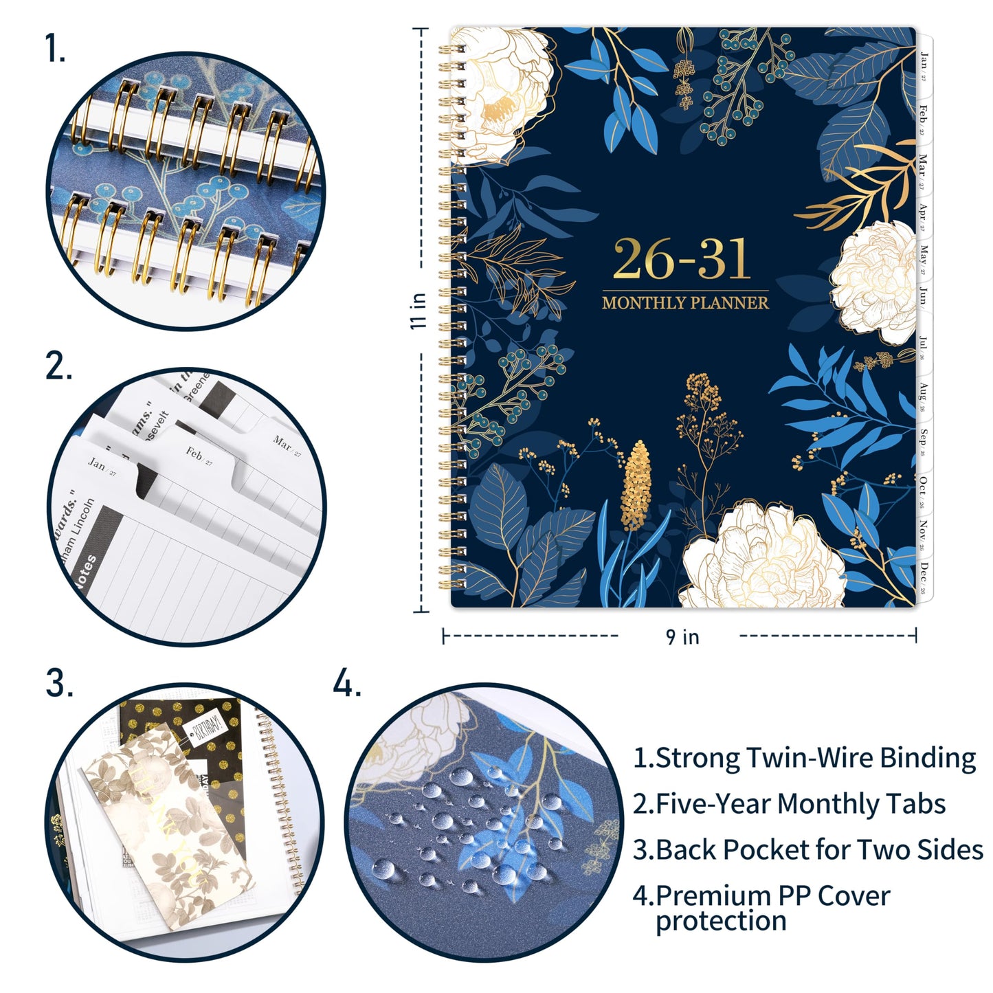 2026-2031 Monthly Planner - 5 Year Planner/Calendar 2026-2031, 11" x 9", 2026 Calendar Planner, Jul 2026 - Jun 2031, Tabs, Back Pocket, Holidays, Twin-Wire Binding, Note Pages