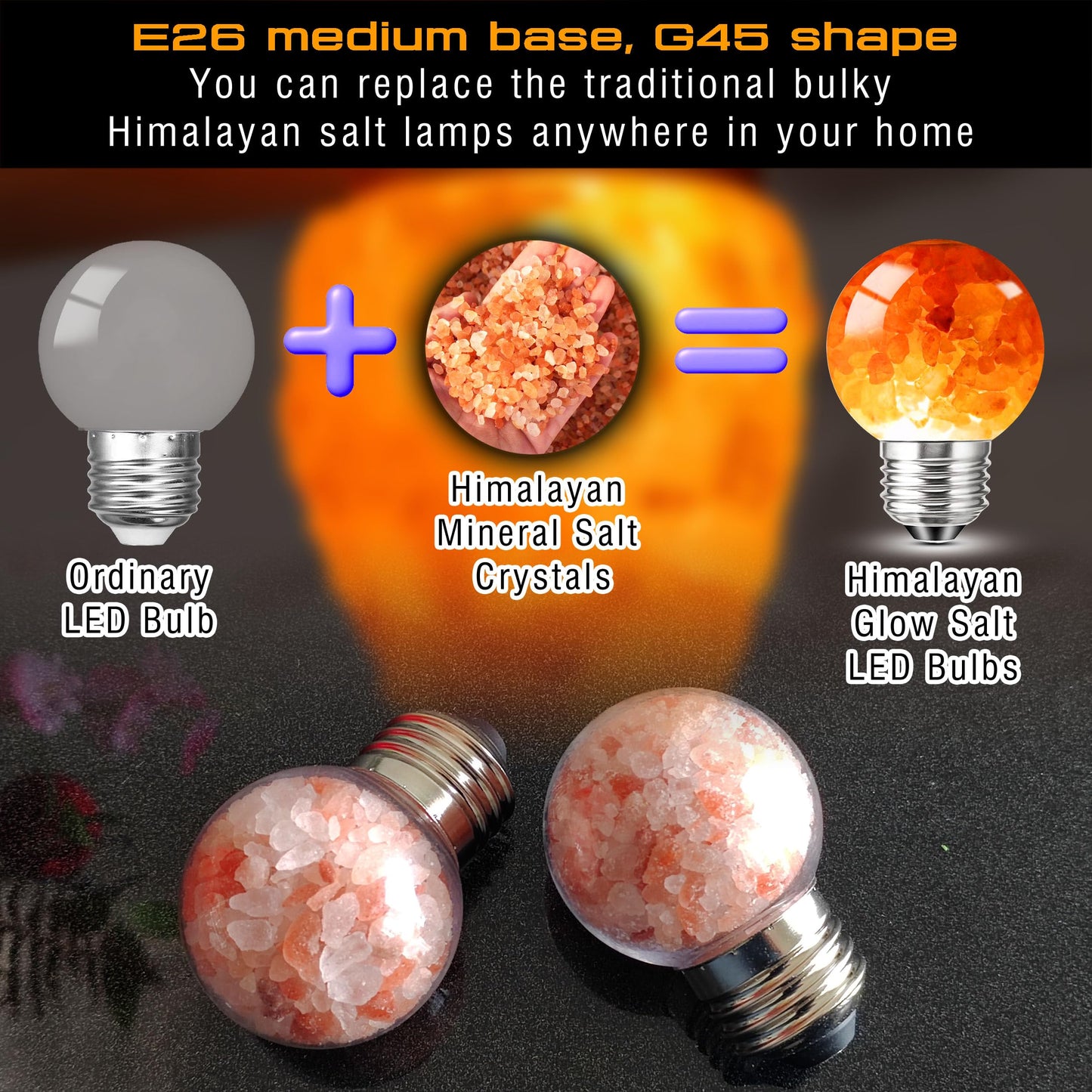 Elmoyle Himalayan Salt Lamp LED Light Bulbs, E26 2200K Warm Amber Pink, 3W Mood Lighting Night Light, E26 G45 Salt Rock Stress Relief Bulbs for Bedroom, Decor, Sleep Light, Non-Dimmable, 2pack