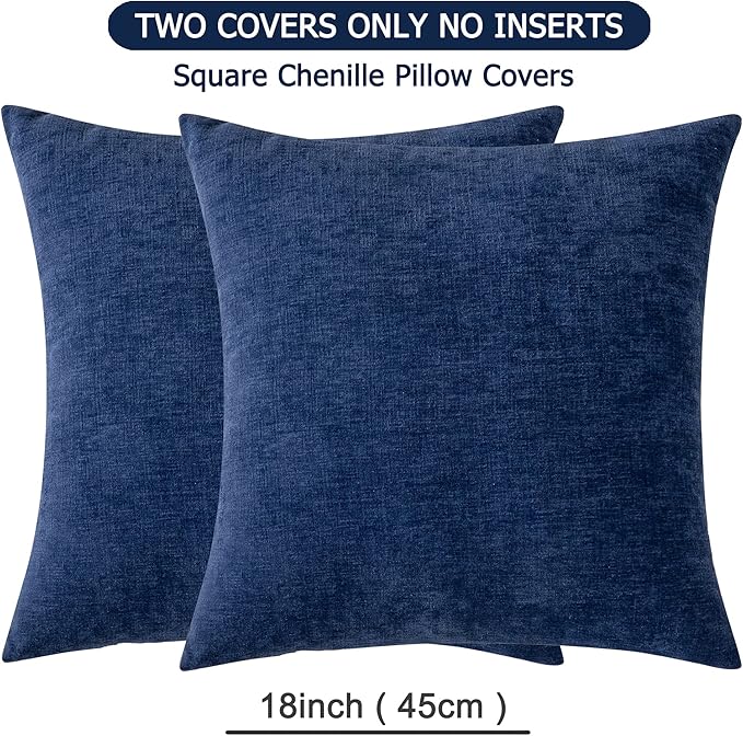 GAWAMAY Decorative Square Throw Pillow Covers 18"x18" Inch Set of 2, Super Soft Chenille Pillows Cover Fall Pillowcase for Living Room Bedroom Sofa Couch Cushion Cover Navy Blue 45x45cm (Only Covers)