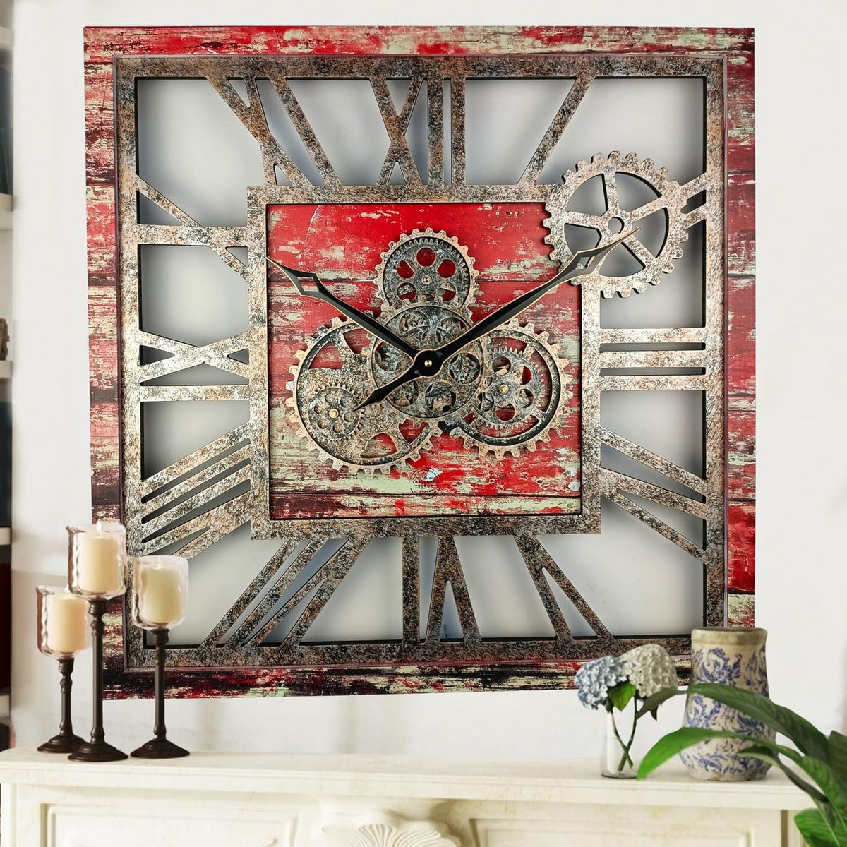The Gears Clock 24'' Inch Square Real Moving Gear Wall Clock Vintage Industrial Oversized Rustic Farmhouse (Red Lava)