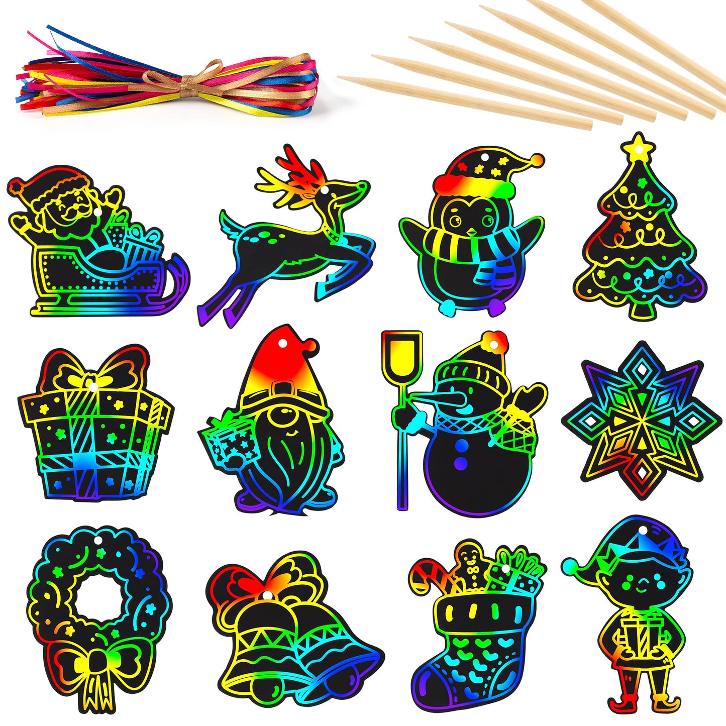 Mocoosy 48 Pcs Christmas Scratch Art Ornaments, Christmas Crafts Kit Bulk for Kids Stocking Stuffers, Rainbow Magic Scratch Paper Cards Xmas DIY Hanging Ornaments for Winter Holiday Decorations