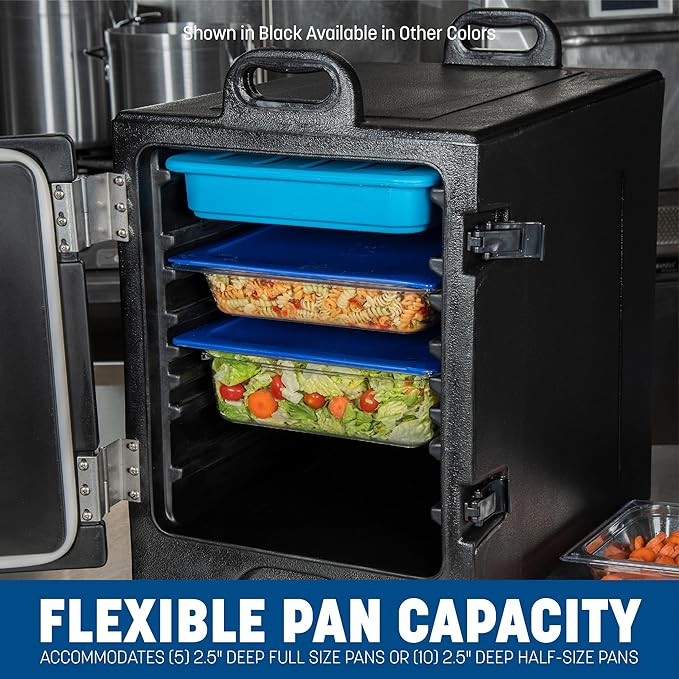 Carlisle FoodService Products Insulated Food Pan Carrier, Holds 5 Full or 10 Half 2.5" Pans (Sold Separately), Front-Loading Cateraide with Handles, Rugged PE Shell with PU Insulation, Red