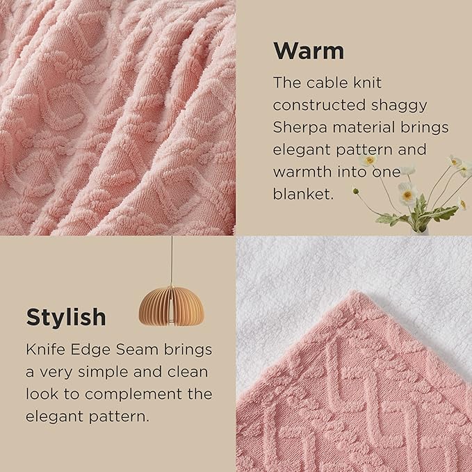 Bedsure Sherpa Fleece Throw Blanket for Couch - GentleSoft Fluffy & Cozy Cable Jacquard Tufted Throw for Women Gift, Thick and Warm Blankets for Winter, Pink, 50x60 Inches
