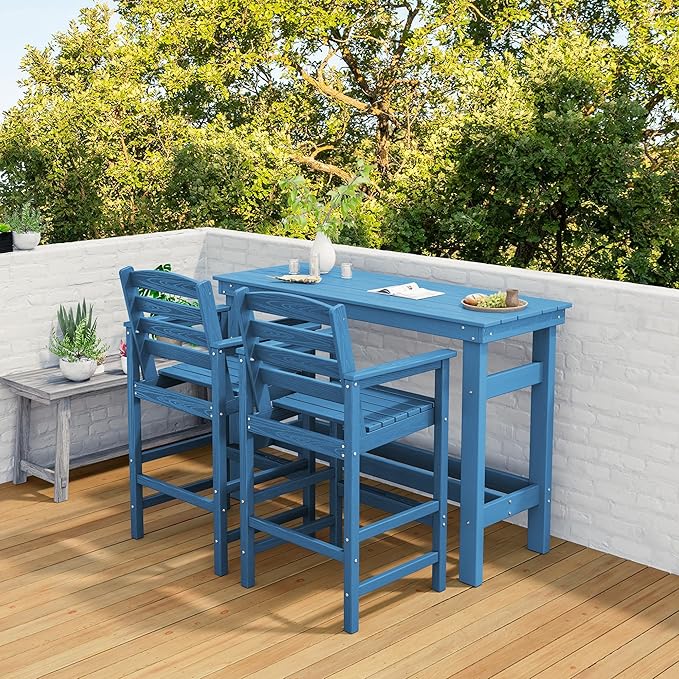 SERWALL Outdoor Bar Set with 9ft Umbrella, All-Weather HDPE Patio Bar Chairs and Table, Outdoor Furniture Set for Poolside, Backyard, Garden - Blue