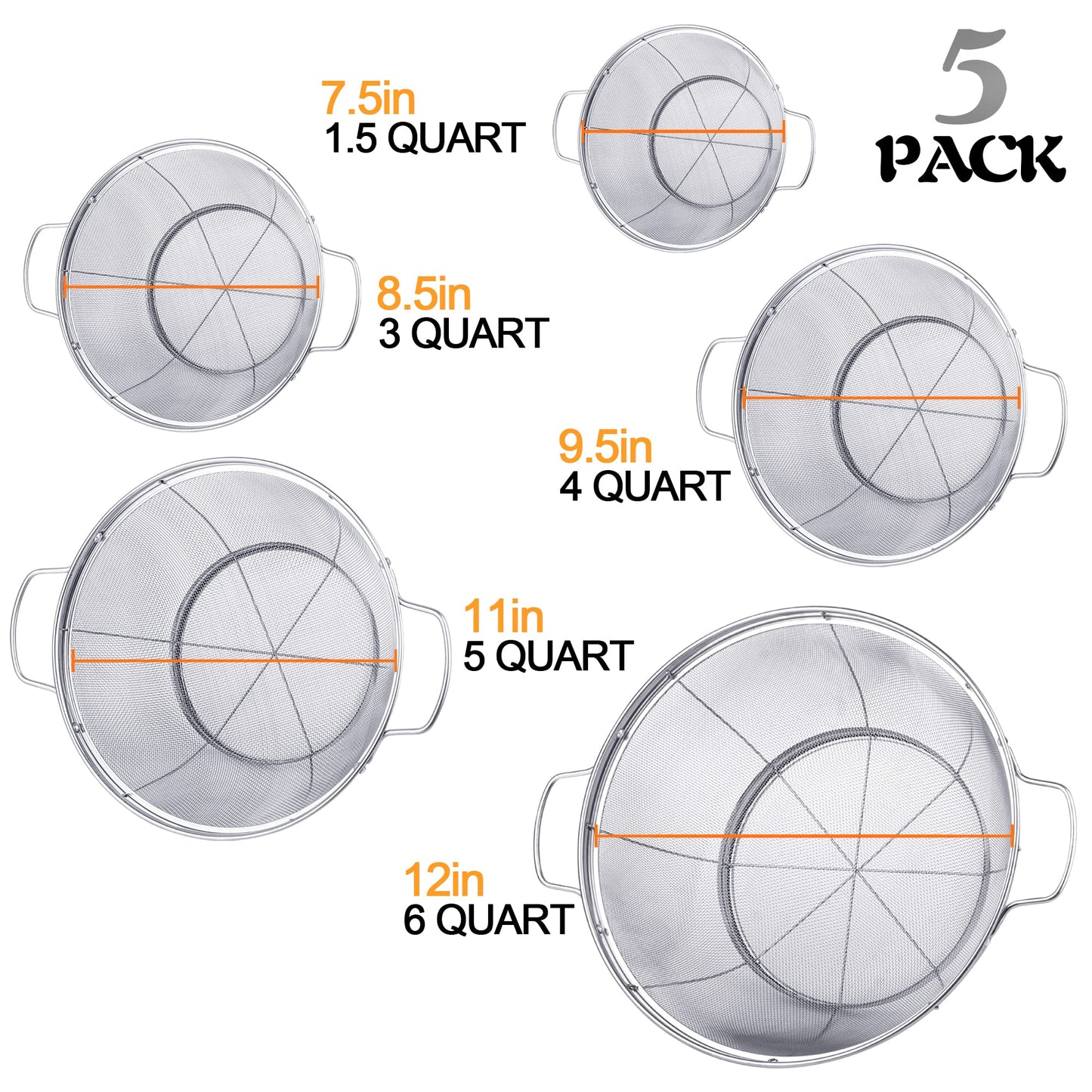 5 Pack 18/8 Stainless Steel Colander Sieves, Multi Size Mesh Strainer Net Baskets with Handles & Resting Base for Strain, Drain, Rinse or Steam
