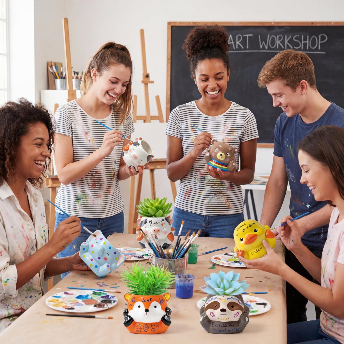 Chuangdi 12 Sets Ceramics to Paint 6 Style DIY Ceramic Succulent Planter Pots Unpainted Bisque Flower Pots Paintable Craft with Drainage Hole, Paints, Brushes, Palettes(Lovely Style)