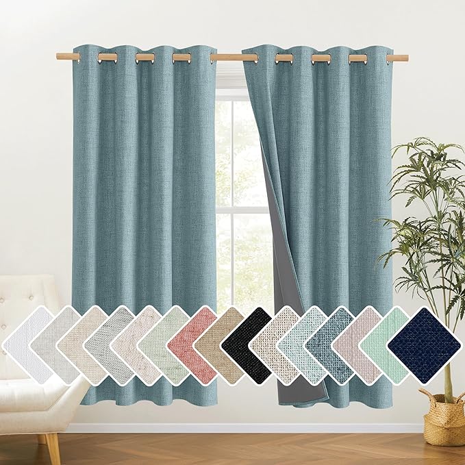 NICETOWN 100% Absolutely Blackout Linen Curtains with Thermal Insulated White Liner, Skylark Blue, 52 inches Wide, 72 inches Length Energy Saving Curtains for Living Room 2 Panels Set, Vertical Blinds